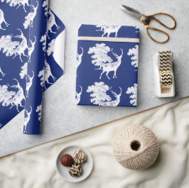 Festiv Elegant Vintage Vit Hjort på Blå Presentpapper