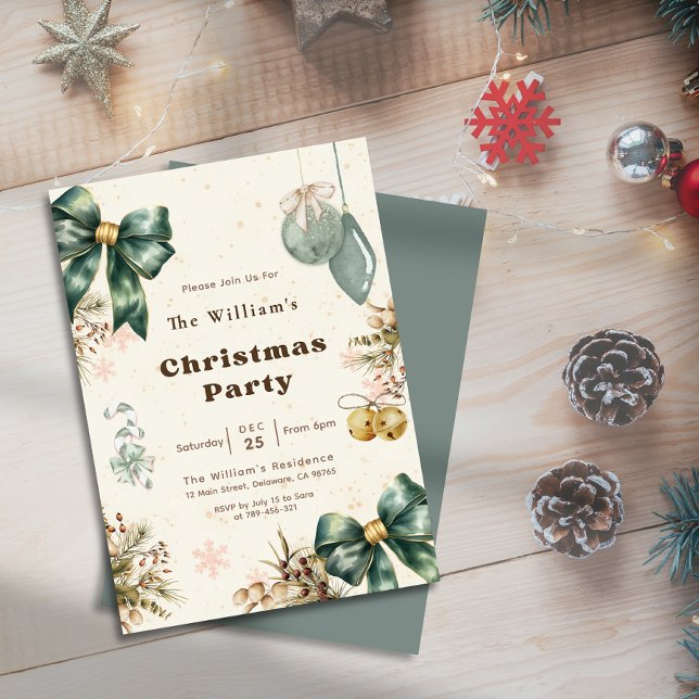 Festiv Emeraldgrön Coquette Julfest Inbjudningar (Festive Emerald Green Coquette Christmas Party Invitation)