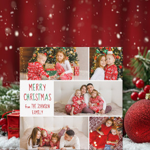 Festiv Familj 5 Foto Röd Grön God Jul Julkort