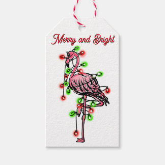 Festiv flamingo med röda gröna Xmas-ljus Presentetikett