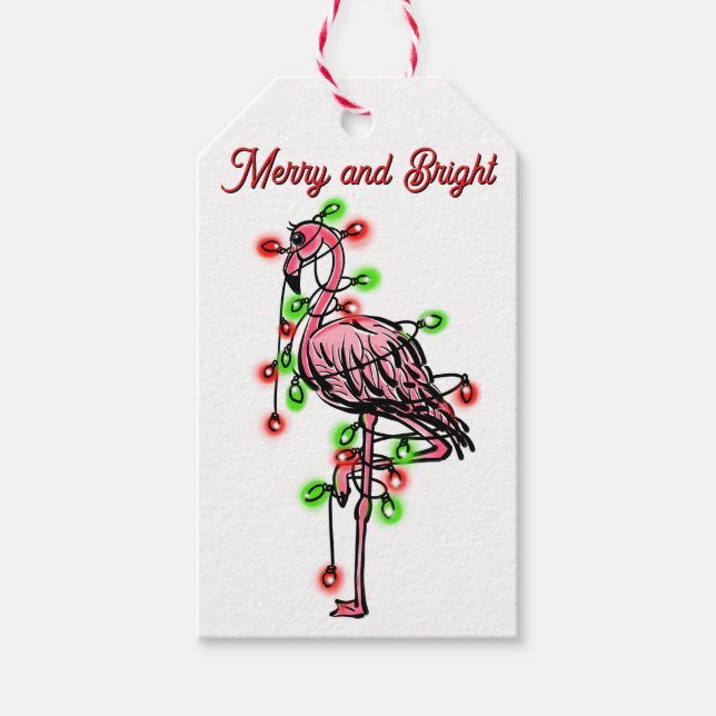 Festiv flamingo med röda gröna Xmas-ljus Presentetikett (Framsidan)