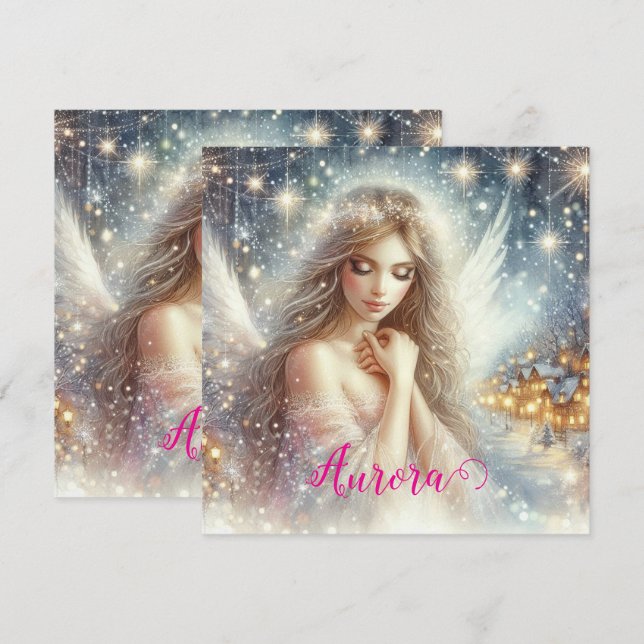 Festiv flickaktig akvarell eterisk frost snöängel julkort (Fram/baksida)