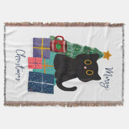 Festiv Glad Jul Söt Svart Katt Kaffe Konst Filt