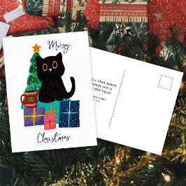 Festiv Glad Jul Söt Svart Katt Kaffe Konst Helg Vykort