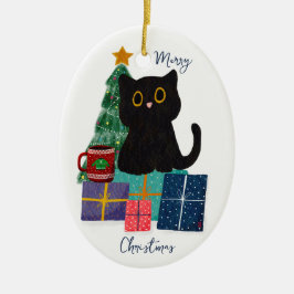 Festiv Glad jul Söt svart katt Kaffe Konst Julgransprydnad Keramik