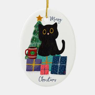 Festiv Glad jul Söt svart katt Kaffe Konst Julgransprydnad Keramik