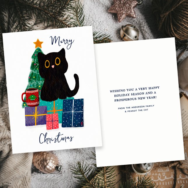 Festiv Glad Jul Söt Svart Katt Kaffe Konst Julkort (Front and Back)