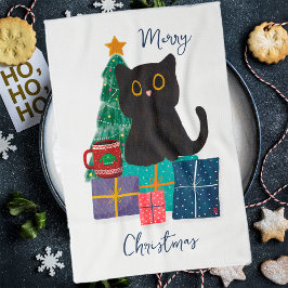 Festiv Glad Jul Söt Svart Katt Kaffe Konst Kökshandduk