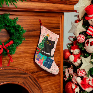 Festiv Glad Jul Söt Svart Katt Kaffe Rosa Stor Julstrumpa