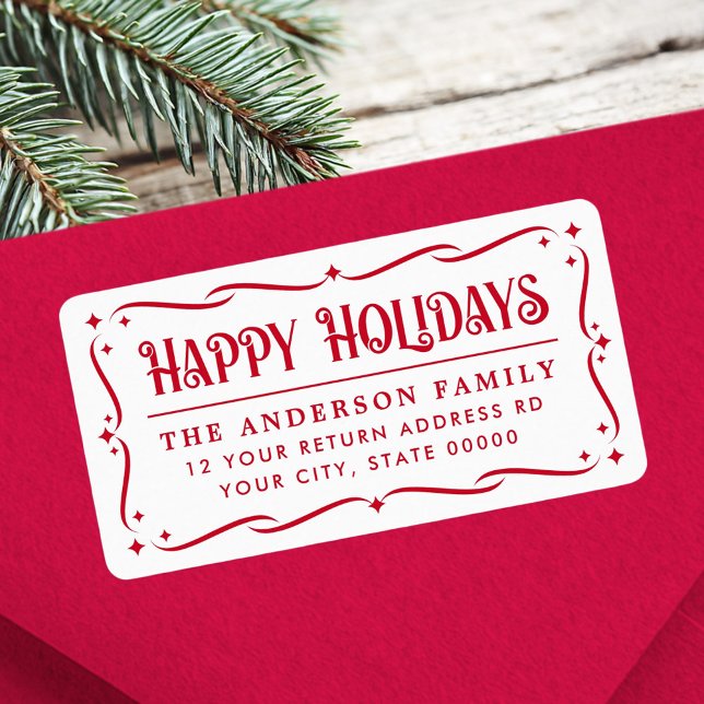 Festiv Glada helger röd vit returadress Adressetikett (Festive Happy Holidays red white return address Label)