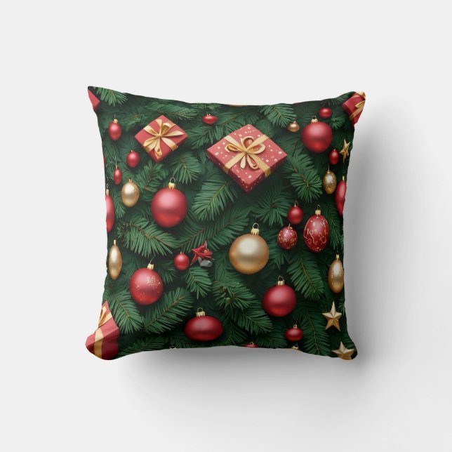 "Festiv Glädje — Röd & Guld Julmagi" Kudde (Framsida)