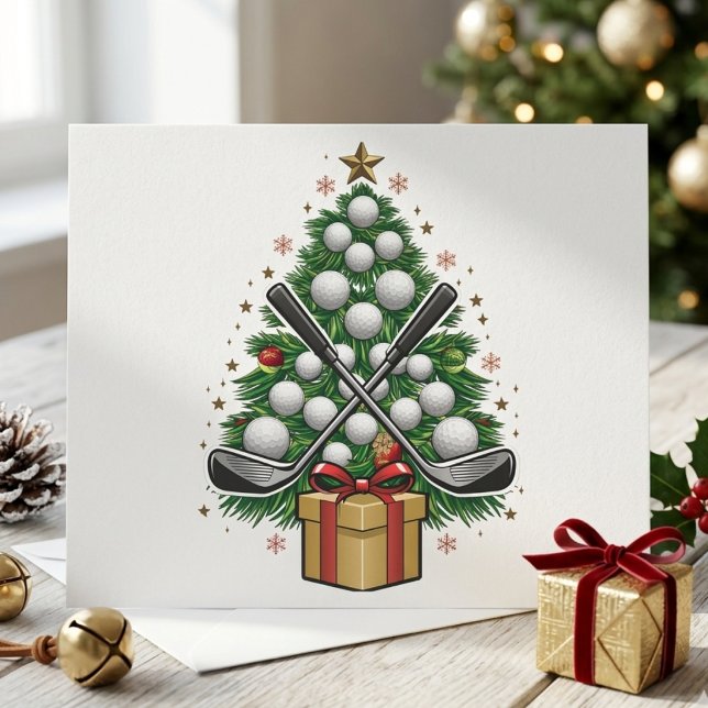 Festiv golfboll julgran med korsade klubbor julkort (Skapare uppladdad)