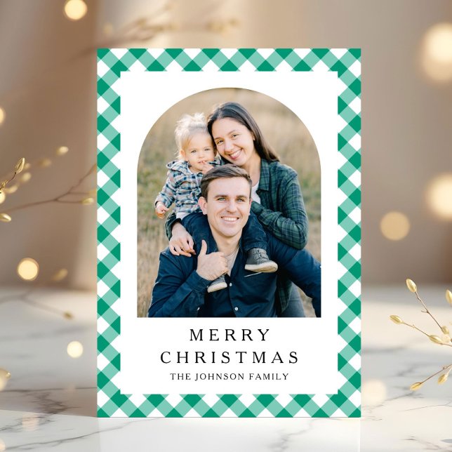 Festiv grön gingham foto jul julkort (Festive Green Gingham Photo Christmas Holiday Card)