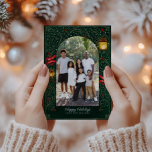 Festiv grön och gul elegant familj under högtiden julkort