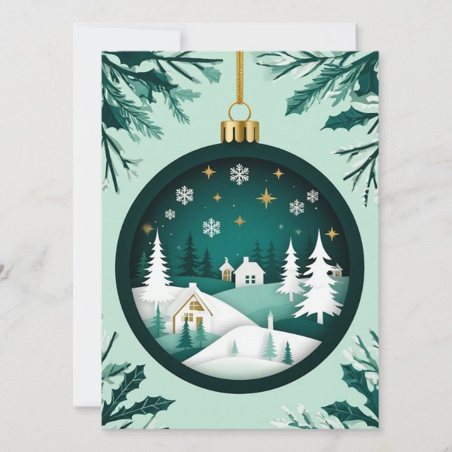 🎄 Festiv grön prydnad Vinterbyn Snöflinga Kort (Framsida)