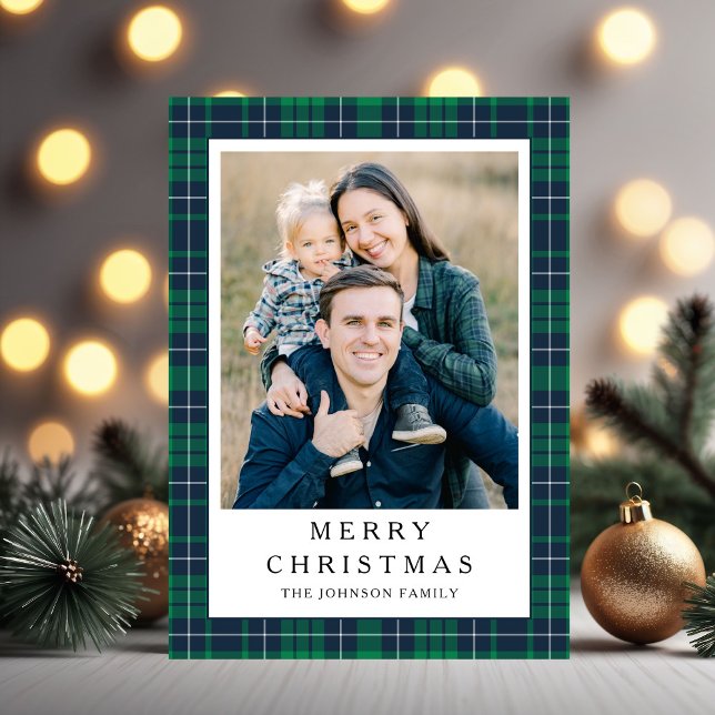 Festiv grönrutig fotofirande jul julkort (Festive Green Plaid Photo Christmas Holiday Card)