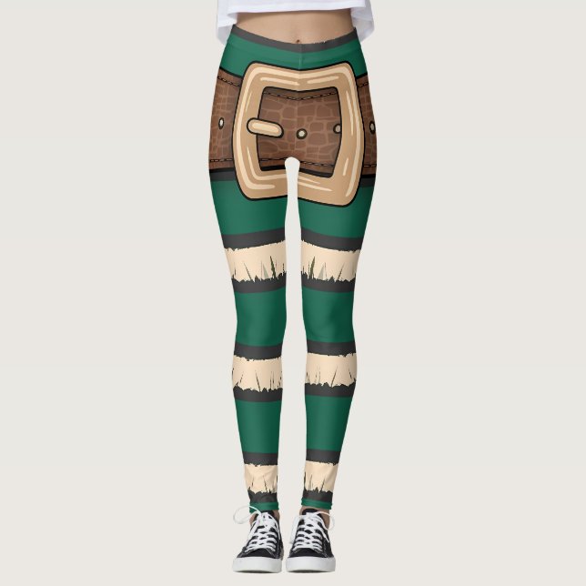Festiv Grönt Elf Costume Leggings - Helgdag Strip (Framsida)