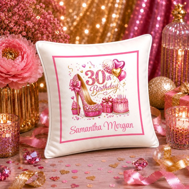 Festiv hett rosa konfetti 30-årsdags kudde (Festive Hot Pink Confetti 30th Birthday Pillow

)