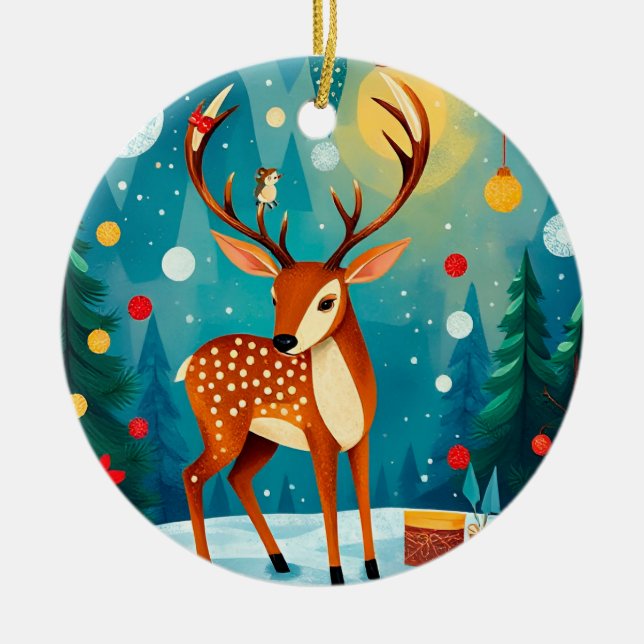 Festiv Hjort i en snöskog Julgransprydnad Keramik (Framsidan)