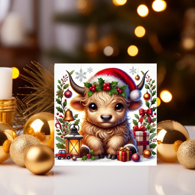 Festiv högländerko i tomteluva julkort (Skapare uppladdad)