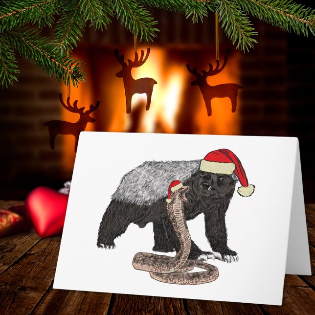 Festiv Honungsgrävling Orm Rolig Badass Jul Kort (Christmas honey badger wearing a Santa hat holiday greetings folded card)