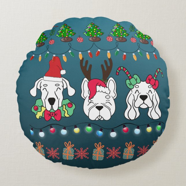 Festiv hund julmönster-söt julhundar rund kudde (Framsidan)