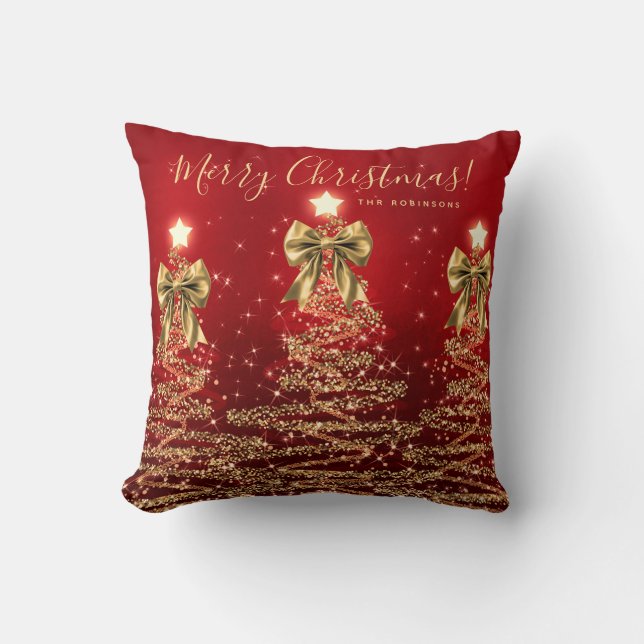 Festiv jul guld röd julgran med namn kudde (Framsida)
