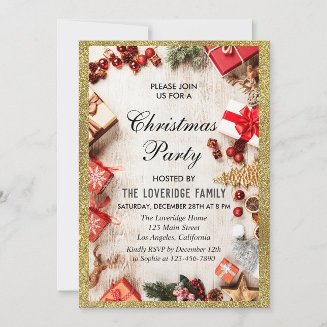 Festiv jul julfest vit guld glitter inbjudningar (Framsida)