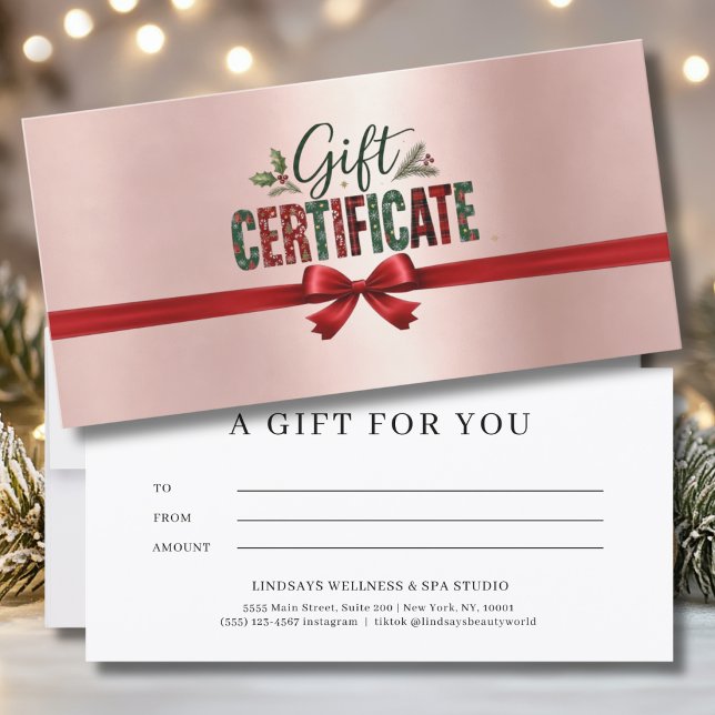 Festiv julbåge manus företagscertifikat (Festive Christmas Bow Script Rose-Gold Business Certificate)