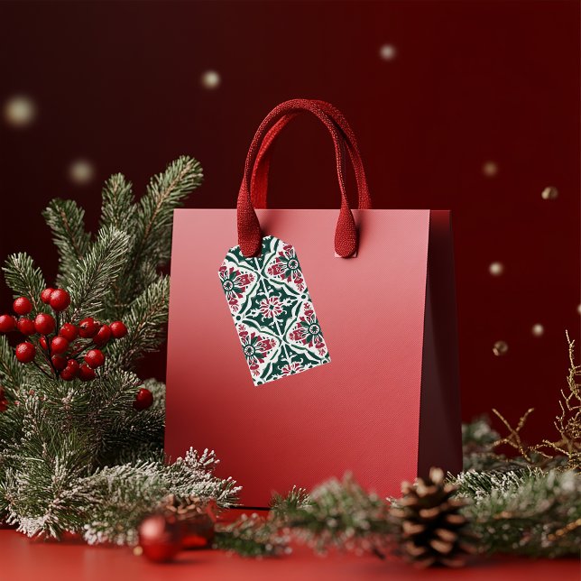 Festiv julgransmönster rött, grönt & guld presentetikett (Skapare uppladdad)
