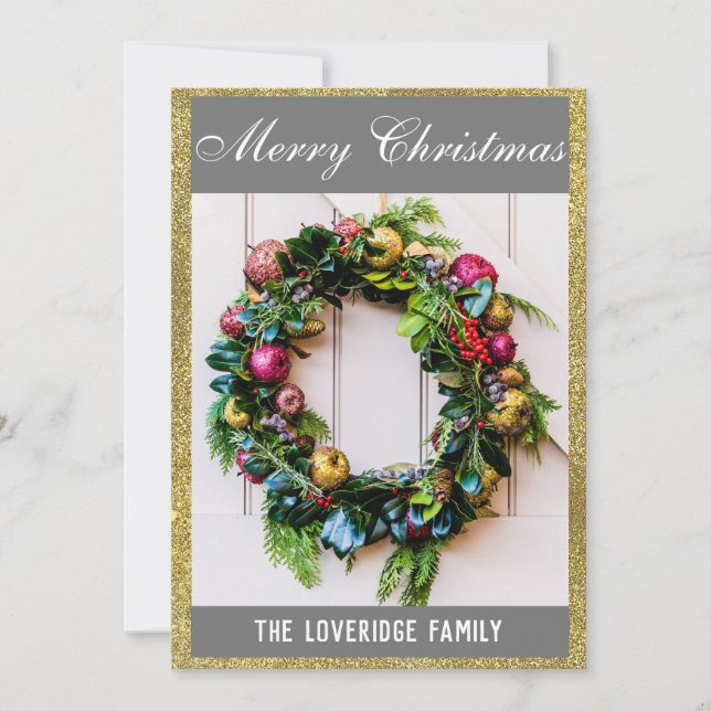 Festiv julkrans grå och guld glitter julkort (Framsida)