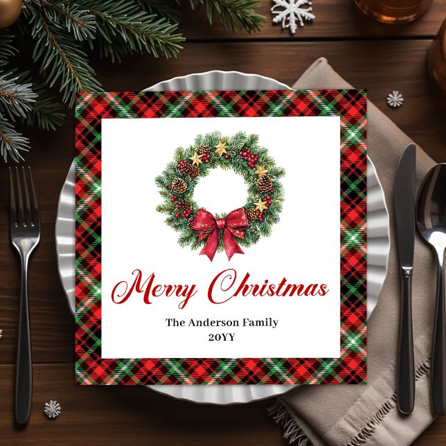 Festiv julkrans i rött grönt karotröja pappersservett (Festive Christmas Wreath in Red Green Plaid Paper Dinner Napkins)