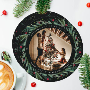 Festiv julkrans löv bär rund kort