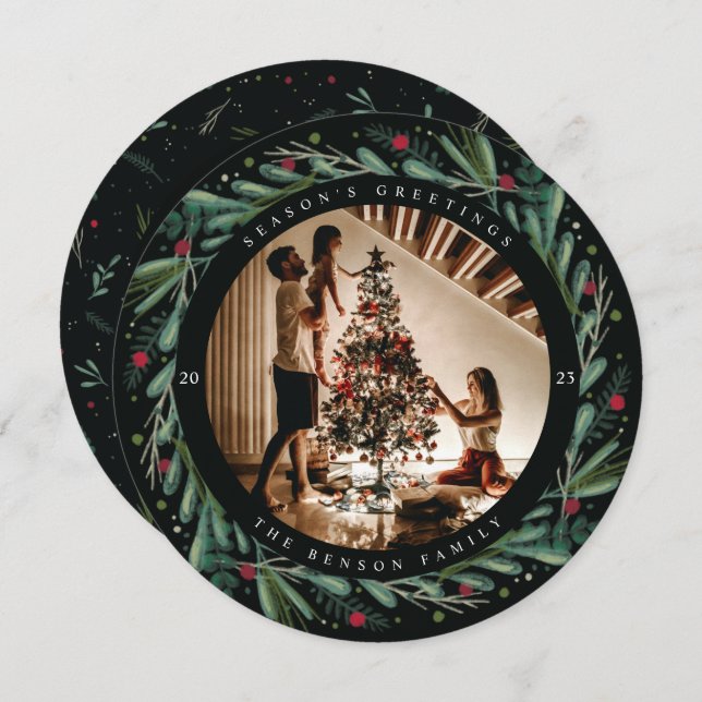 Festiv julkrans löv bär rund kort (Fram/baksida)