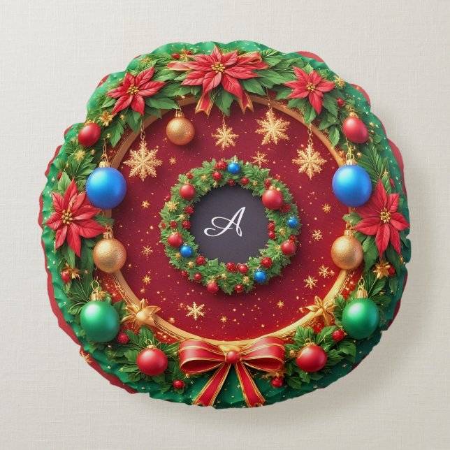 Festiv julkrans med röda julstjärnor rund kudde (Framsidan)