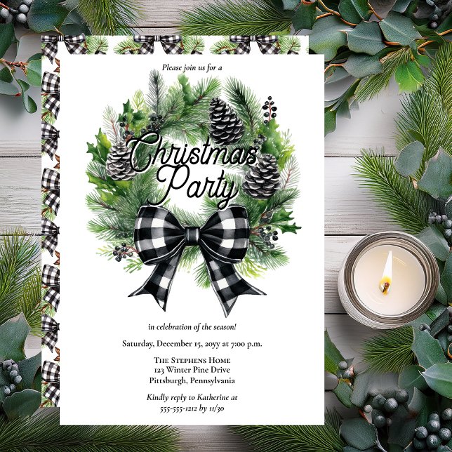 Festiv julkrans svart-vit slinga julfest  julkort (Festive Holiday Wreath with BW Check Coquette Bow "Christmas Party" Invitation - Print | Digital)