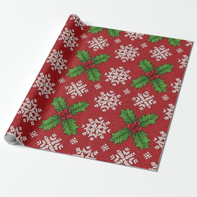 Festiv jullyngrand och snöflinga stickad mönster – presentpapper (Utrullad)