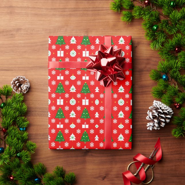 Festiv julmönster med träd och snöflingor presentpapper (Julgåva)