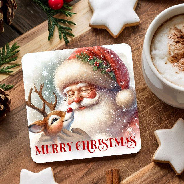 Festiv julpappersträcka med tomte och Rudolf Underlägg Papper Kvadrat (Festive Christmas Paper Coasters Santa Claus Rudolph)