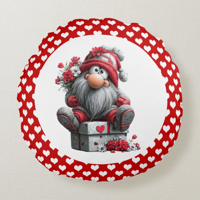 Festiv kärleksbudbärare Gnome "Hjärta och presente Rund Kudde (Framsidan)