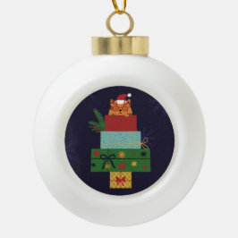 Festiv katt i presentstacksornament julgranskula keramik