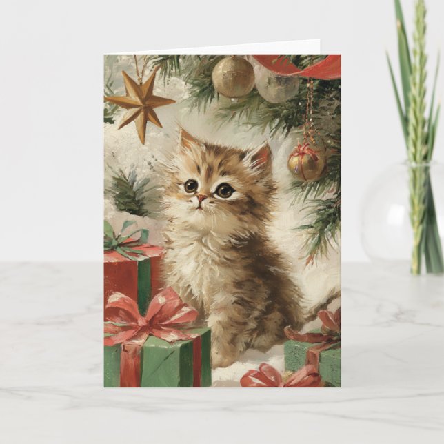 Festiv Katt Julhälsning Vikbart Kort (Framsida)