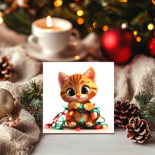 Festiv katt med glittrande ljus julkort