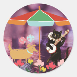 Festiv katt och hund under ett paraply runt klistermärke
