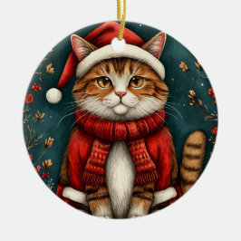 Festiv katt som bär tomteluva och halsduk julgransprydnad keramik