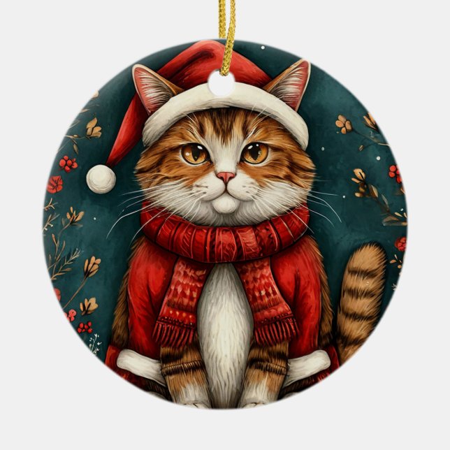 Festiv katt som bär tomteluva och halsduk julgransprydnad keramik (Framsidan)
