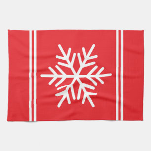 Festiv klarröd och vit randig nordisk snöflinga kökshandduk
