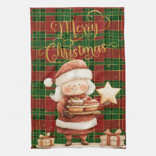 Festiv Klassisk Röd Grön Guld Tartan Mrs Claus Kökshandduk