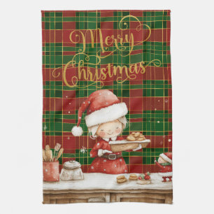 Festiv Klassisk Röd Grön Guld Tartan Mrs Claus Kökshandduk