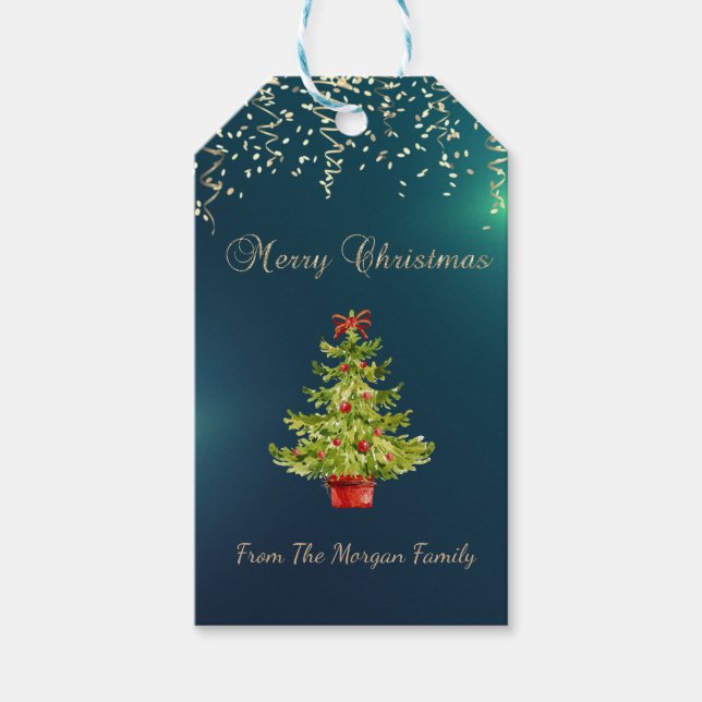 Festiv konfetti, julgran, grön presentetikett (Framsidan)
